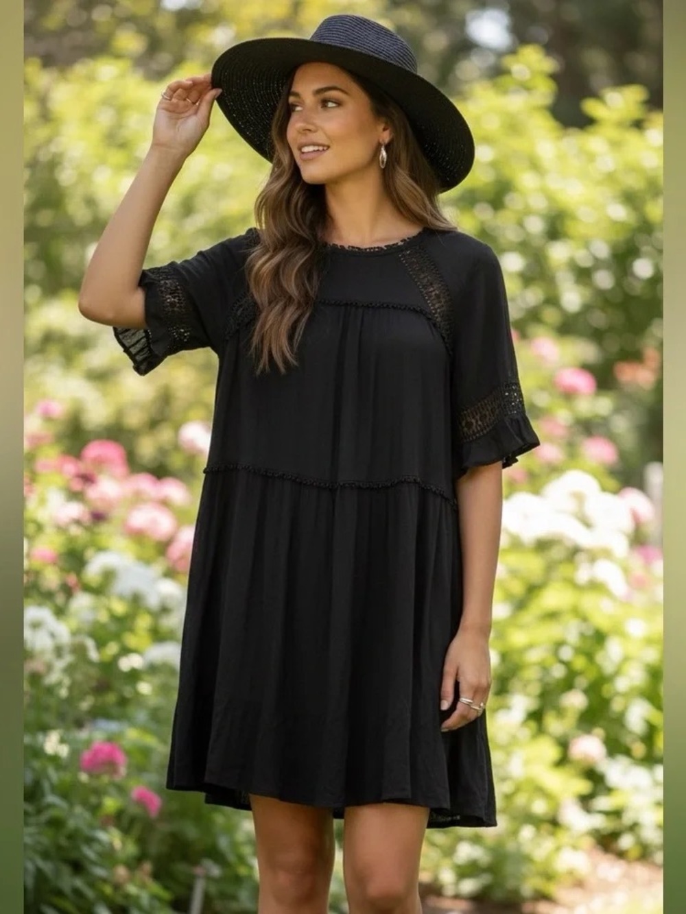 Patrons of Peace l Black Tiered Babydoll Dress with Embroidery